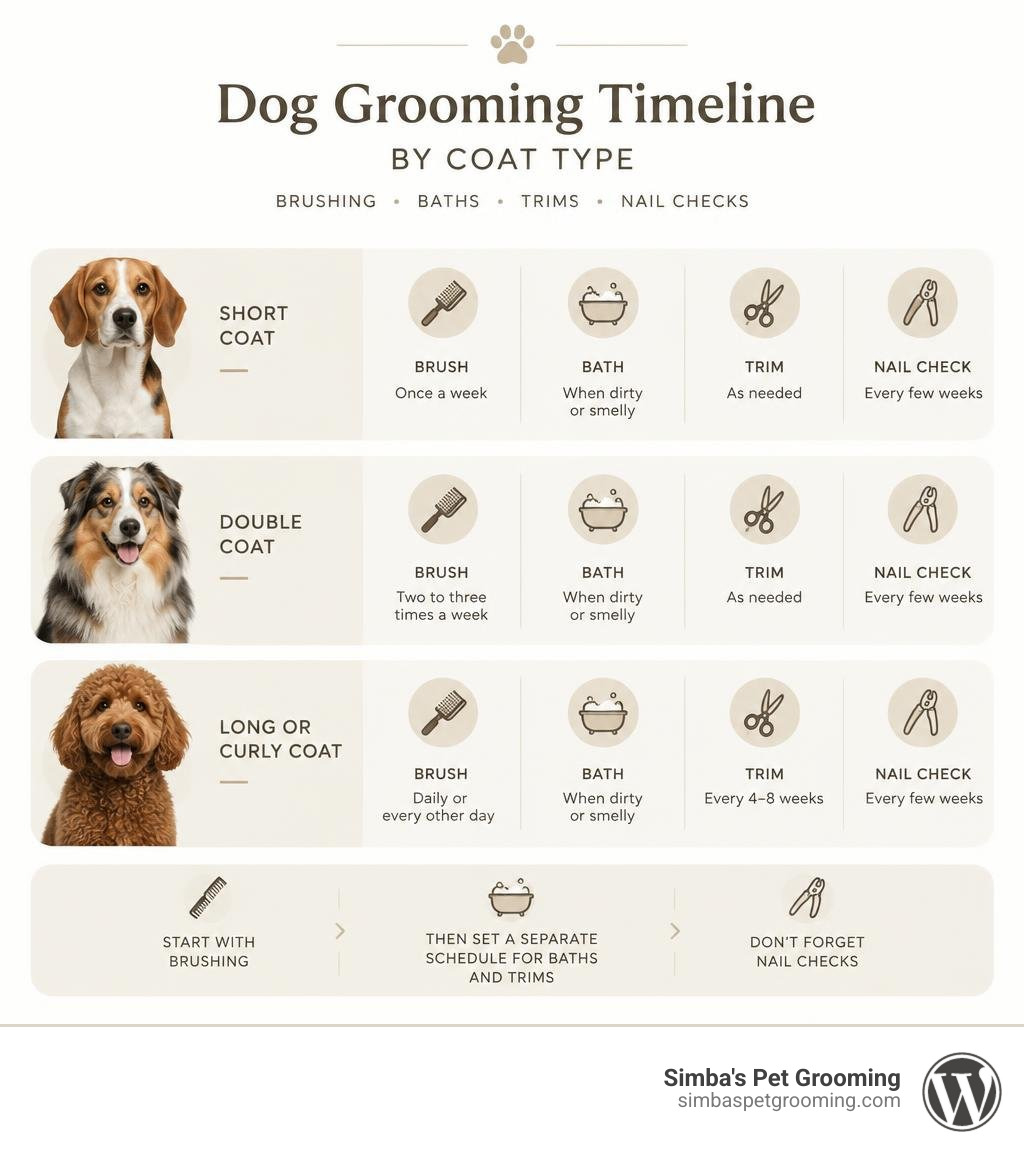 Dog grooming timeline by coat type, including brushing, baths, trims, and nail checks infographic Dog grooming timeline by coat type, including brushing, baths, trims, and nail checks infographic
