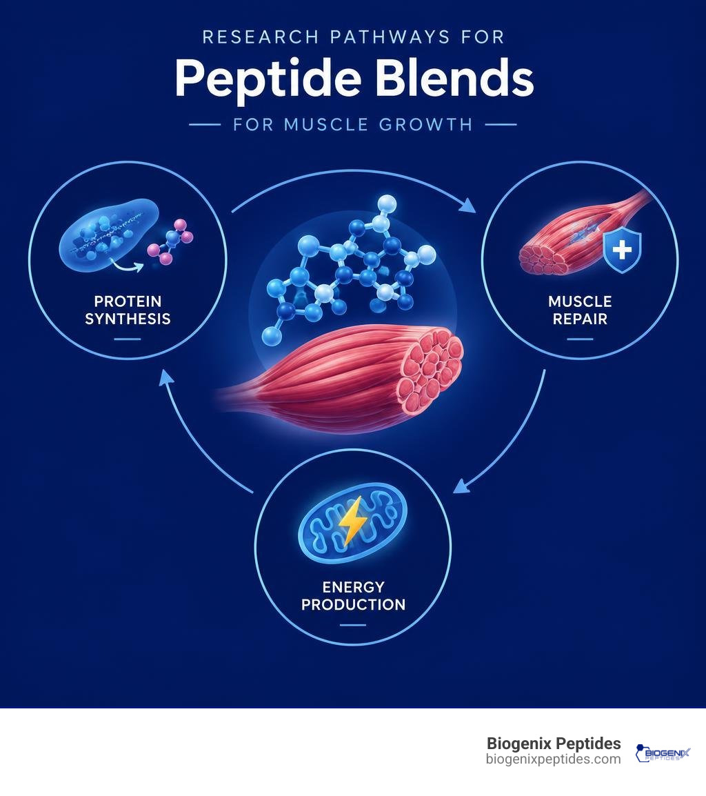 Research pathways for peptide blends: protein synthesis, muscle repair, and energy production infographic