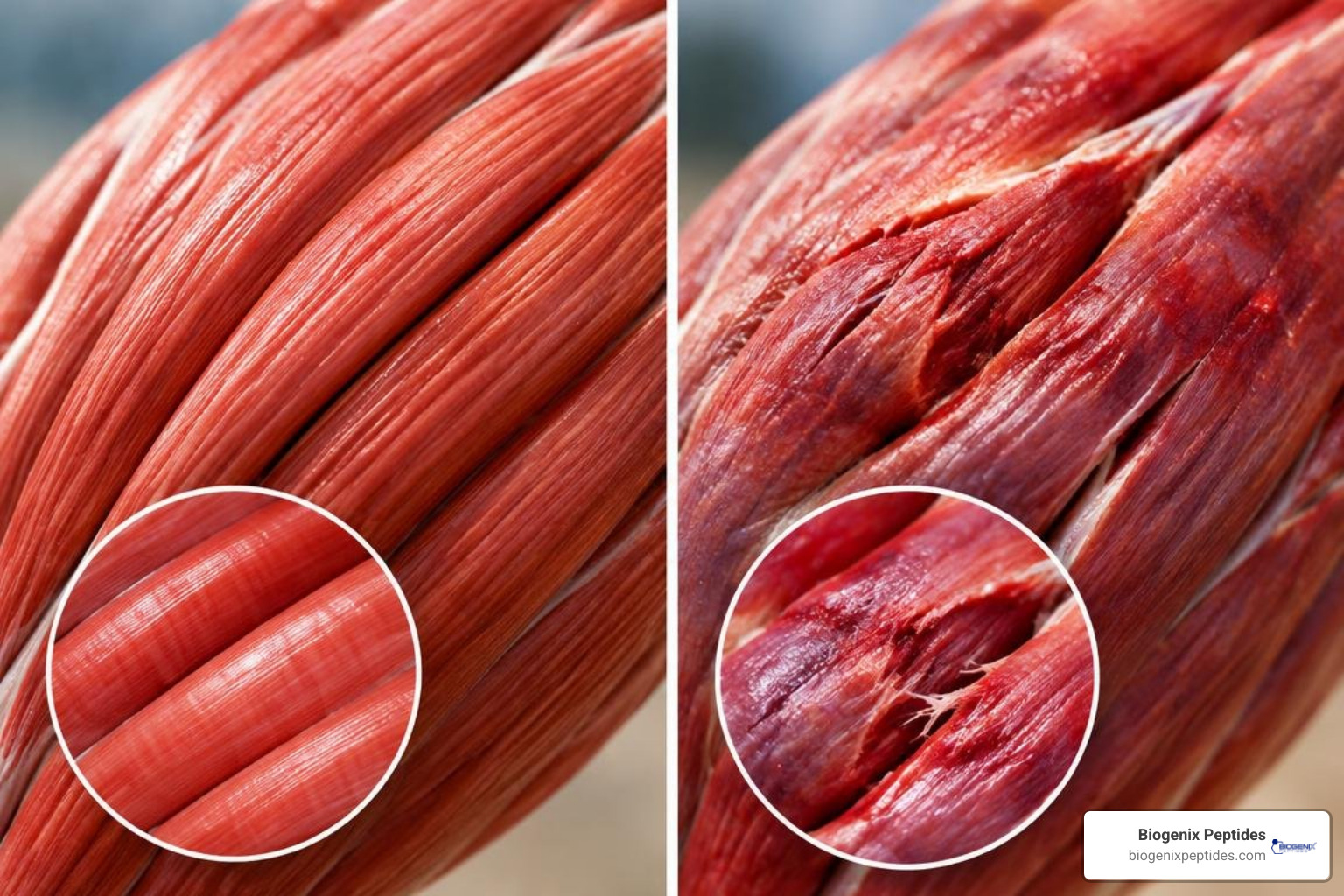 comparing healthy muscle fibers with exercise-damaged tissue
