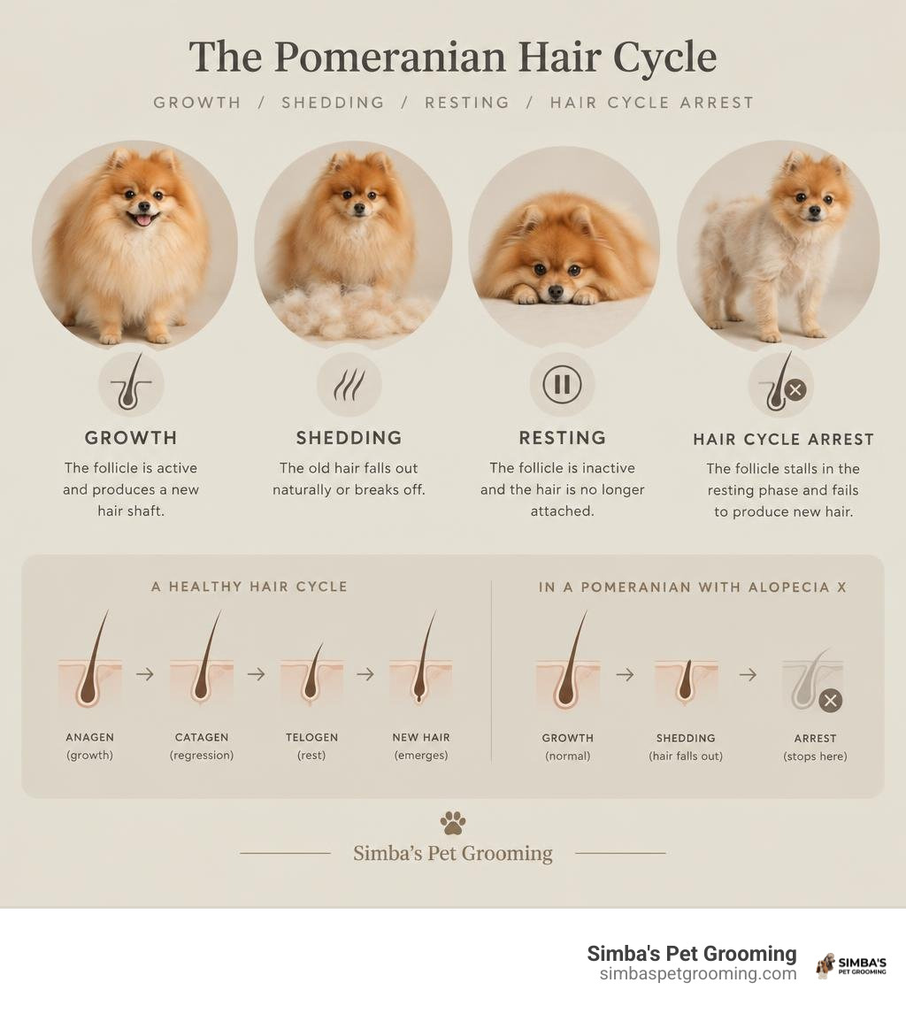 Pomeranian hair growth, shedding, resting, and hair cycle arrest infographic Pomeranian hair growth, shedding, resting, and hair cycle arrest infographic