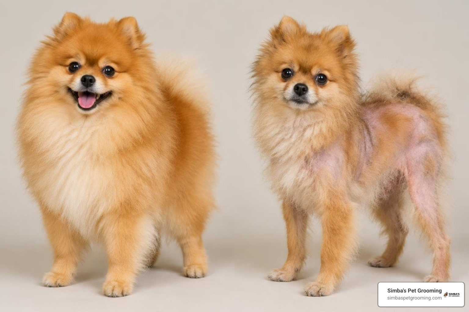 Healthy double coat versus thinning fur on a Pomeranian Healthy double coat versus thinning fur on a Pomeranian