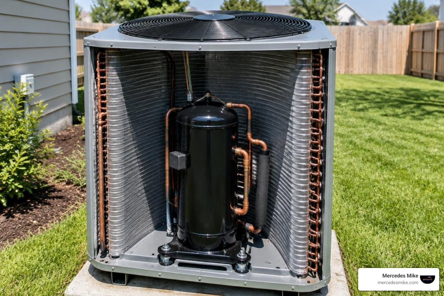condenser assembly showing fan, compressor, and aluminum fins condenser assembly showing fan, compressor, and aluminum fins