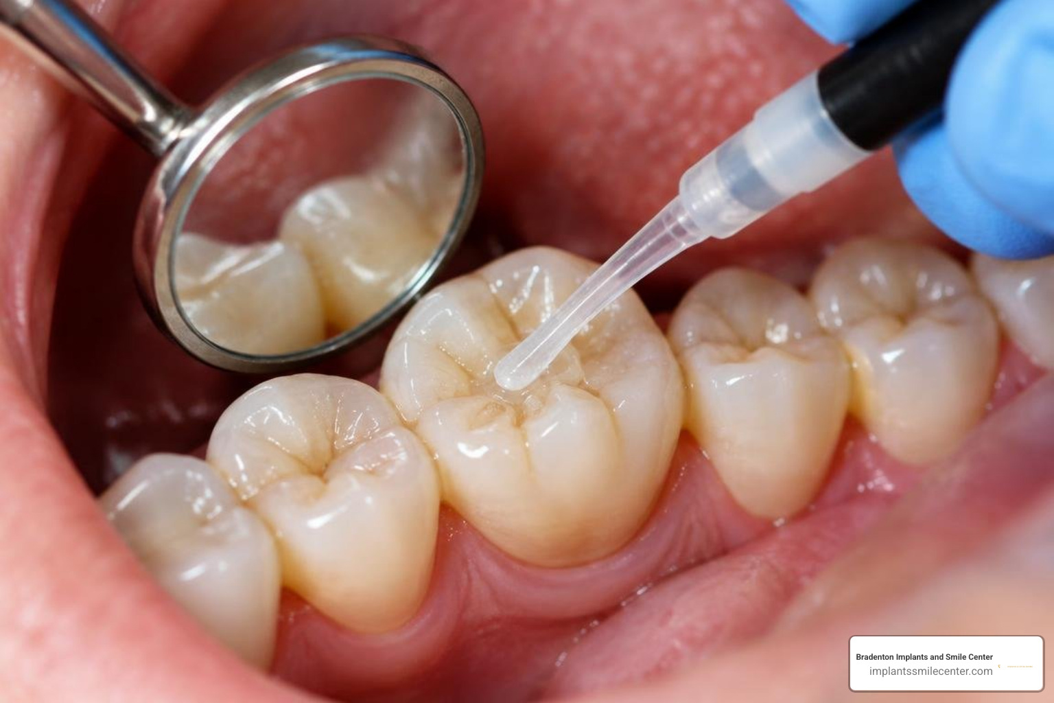 dental resin sealant applied over deep tooth grooves