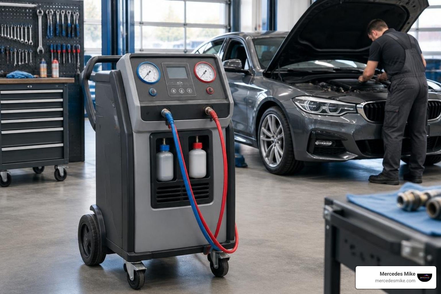 Dual-refrigerant AC service station in German automotive workshop Dual-refrigerant AC service station in German automotive workshop