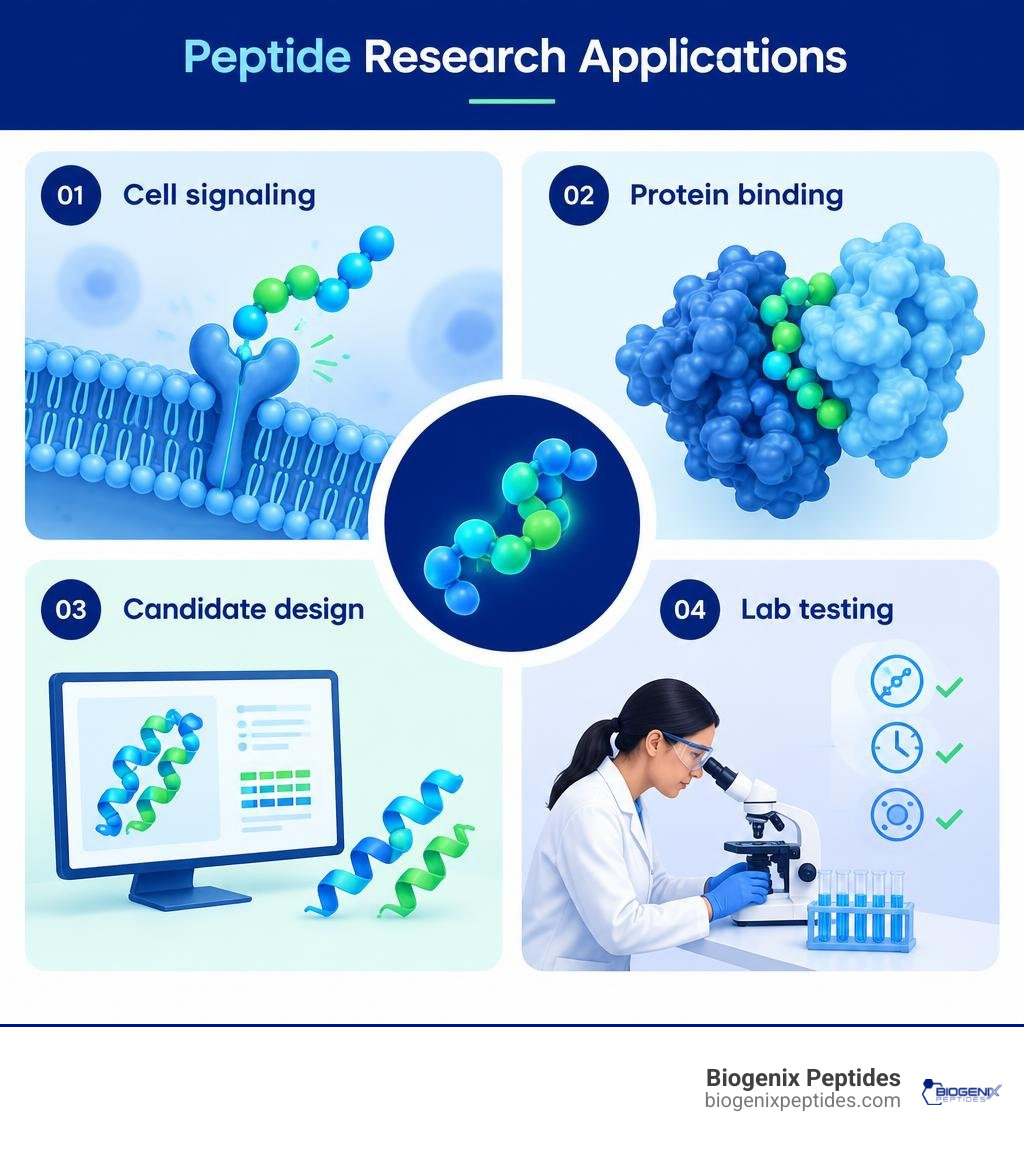 Peptide research applications: cell signaling, protein binding, candidate design, and lab testing infographic Peptide research applications: cell signaling, protein binding, candidate design, and lab testing infographic