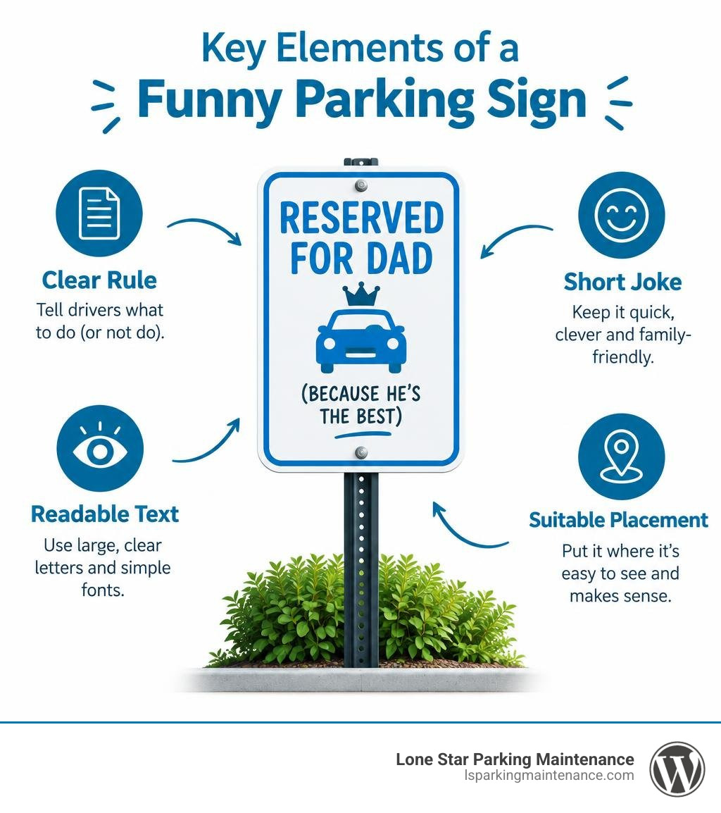 Key elements of a funny parking sign: clear rule, short joke, readable text, suitable placement infographic Key elements of a funny parking sign: clear rule, short joke, readable text, suitable placement infographic