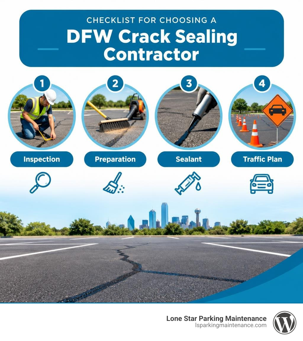 Checklist for choosing a DFW crack sealing contractor: inspection, preparation, sealant, and traffic plan infographic Checklist for choosing a DFW crack sealing contractor: inspection, preparation, sealant, and traffic plan infographic
