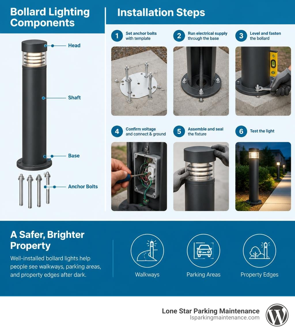 Bollard head, shaft, base, anchor bolts, and the main installation steps infographic