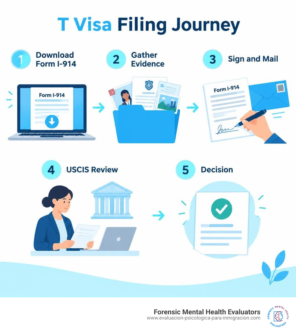 T visa filing journey: download Form I-914, gather evidence, sign and mail, USCIS review, decision infographic T visa filing journey: download Form I-914, gather evidence, sign and mail, USCIS review, decision infographic