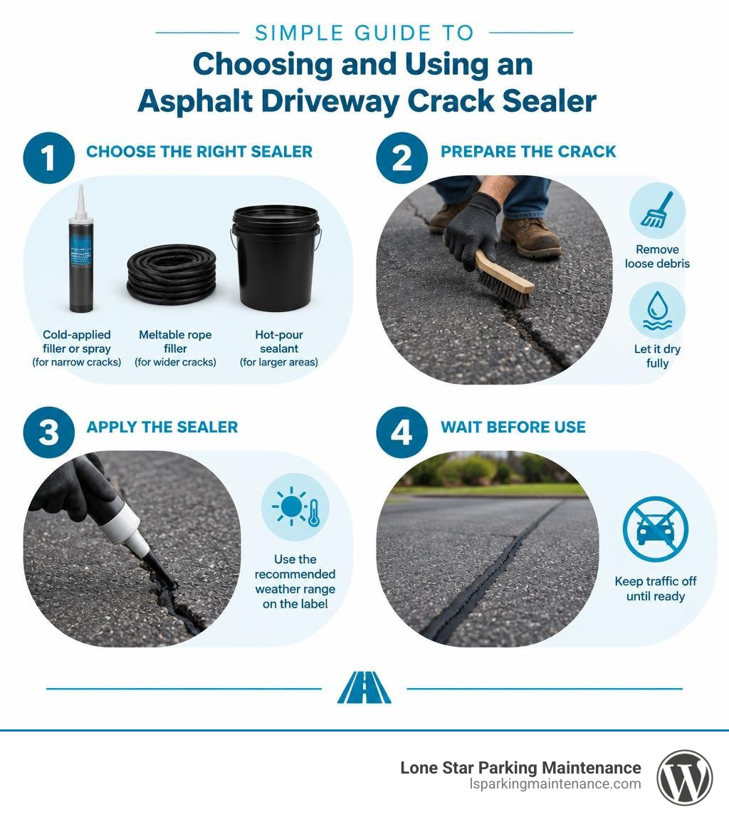 Simple guide to choosing a crack sealer, preparing the crack, applying it, and waiting before use infographic Simple guide to choosing a crack sealer, preparing the crack, applying it, and waiting before use infographic