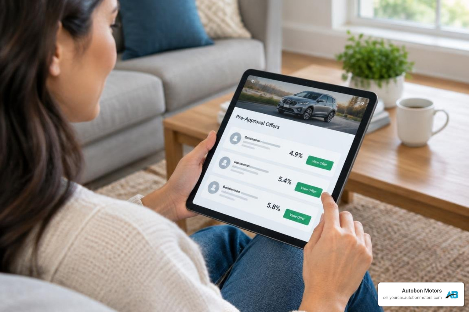 buyer reviewing auto loan pre-approval offers on a tablet