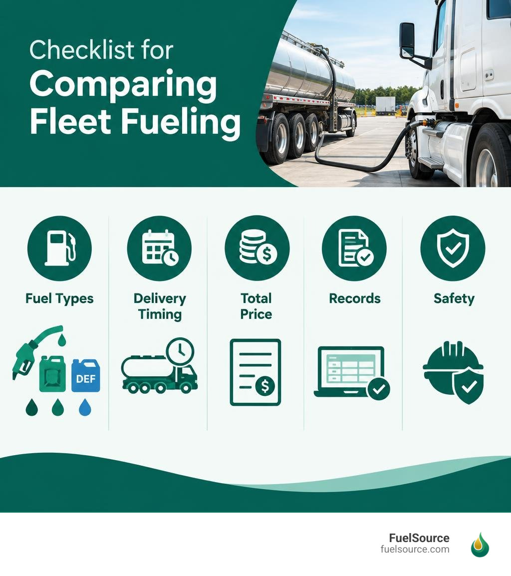 Checklist for comparing fleet fueling: fuel types, delivery timing, total price, records, and safety infographic Checklist for comparing fleet fueling: fuel types, delivery timing, total price, records, and safety infographic