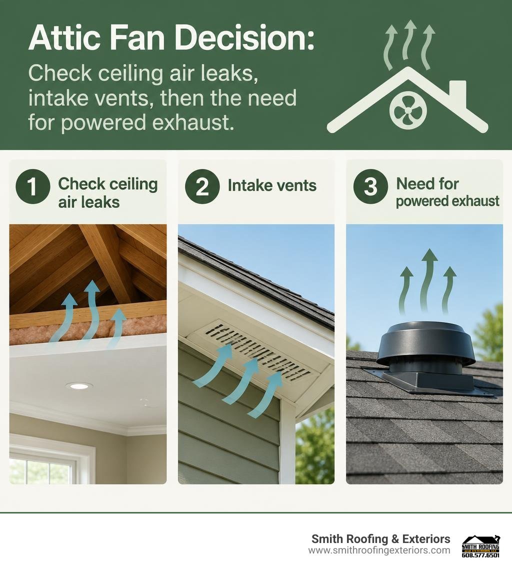 Attic fan decision: check ceiling air leaks, intake vents, then the need for powered exhaust infographic Attic fan decision: check ceiling air leaks, intake vents, then the need for powered exhaust infographic
