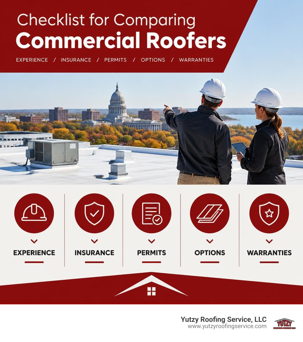Checklist for comparing commercial roofers: experience, insurance, permits, options, and warranties infographic Checklist for comparing commercial roofers: experience, insurance, permits, options, and warranties infographic
