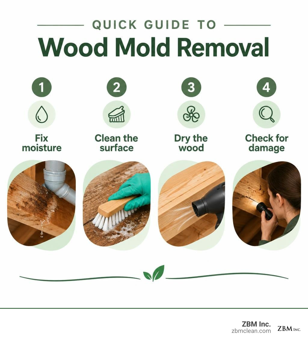 Quick guide to professional wood mold removal: fix moisture, assess depth, contain spores, dry the wood, and verify structural integrity infographic Quick guide to professional wood mold removal: fix moisture, assess depth, contain spores, dry the wood, and verify structural integrity infographic
