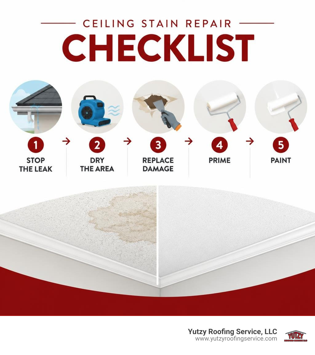 Ceiling stain repair checklist: stop the leak, dry the area, replace damage, prime, and paint infographic Ceiling stain repair checklist: stop the leak, dry the area, replace damage, prime, and paint infographic