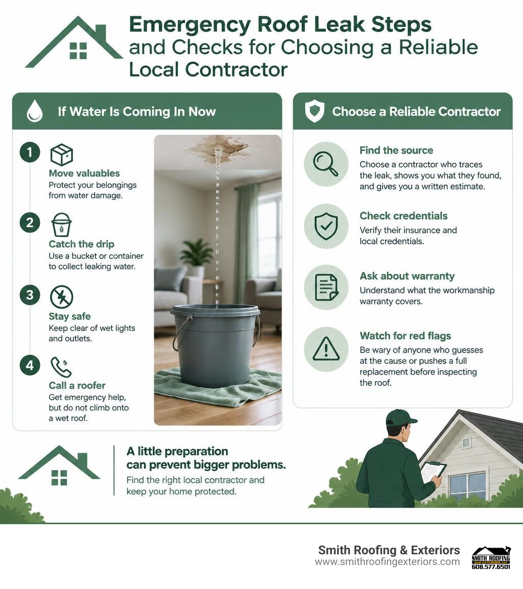 Emergency roof leak steps and checks for choosing a reliable local contractor infographic Emergency roof leak steps and checks for choosing a reliable local contractor infographic
