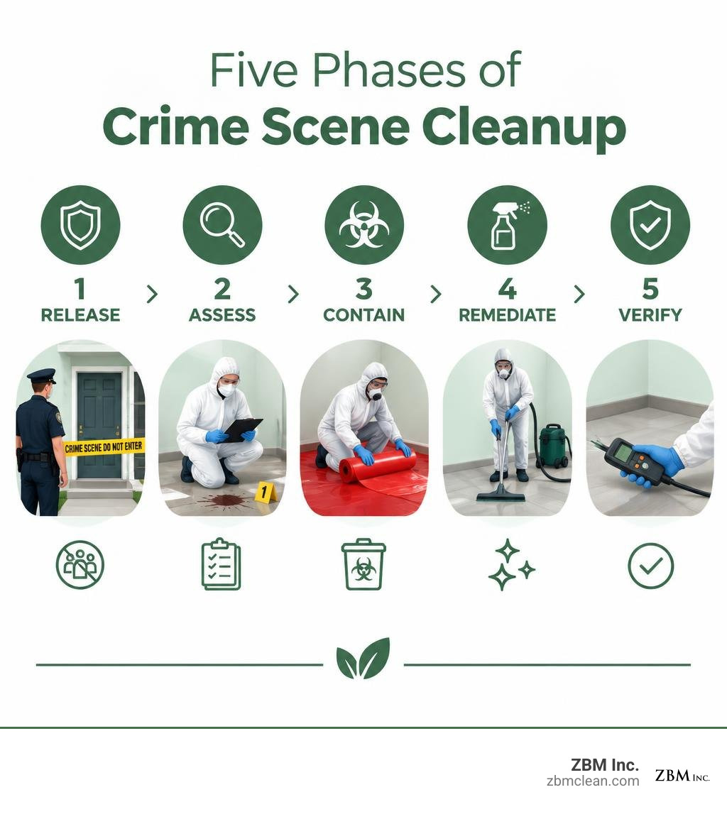 Five phases of crime scene cleanup: release, assess, contain, remediate, and verify infographic