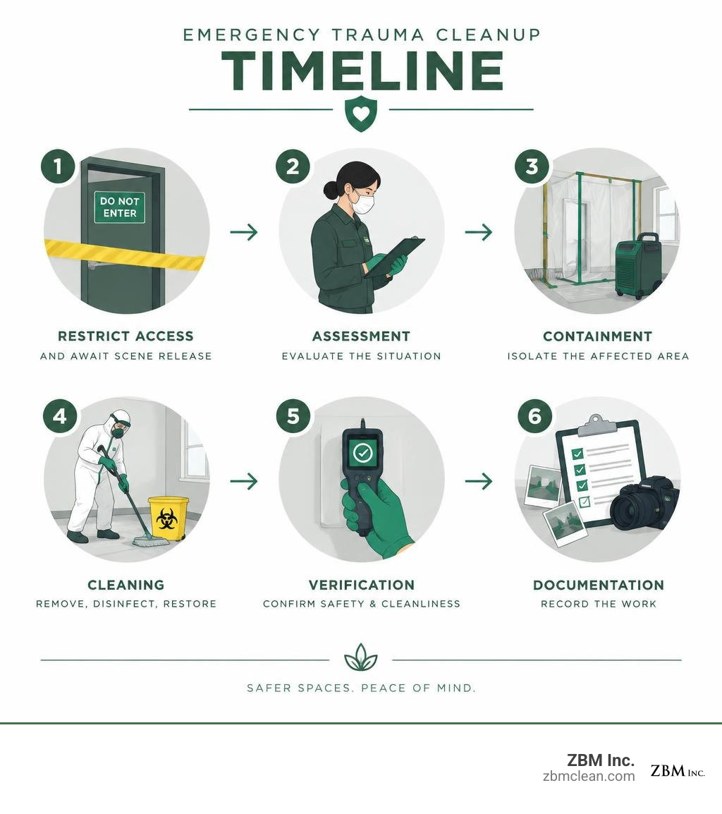 Emergency trauma cleanup timeline from restricting access and scene release to assessment, containment, cleaning Emergency trauma cleanup timeline from restricting access and scene release to assessment, containment, cleaning