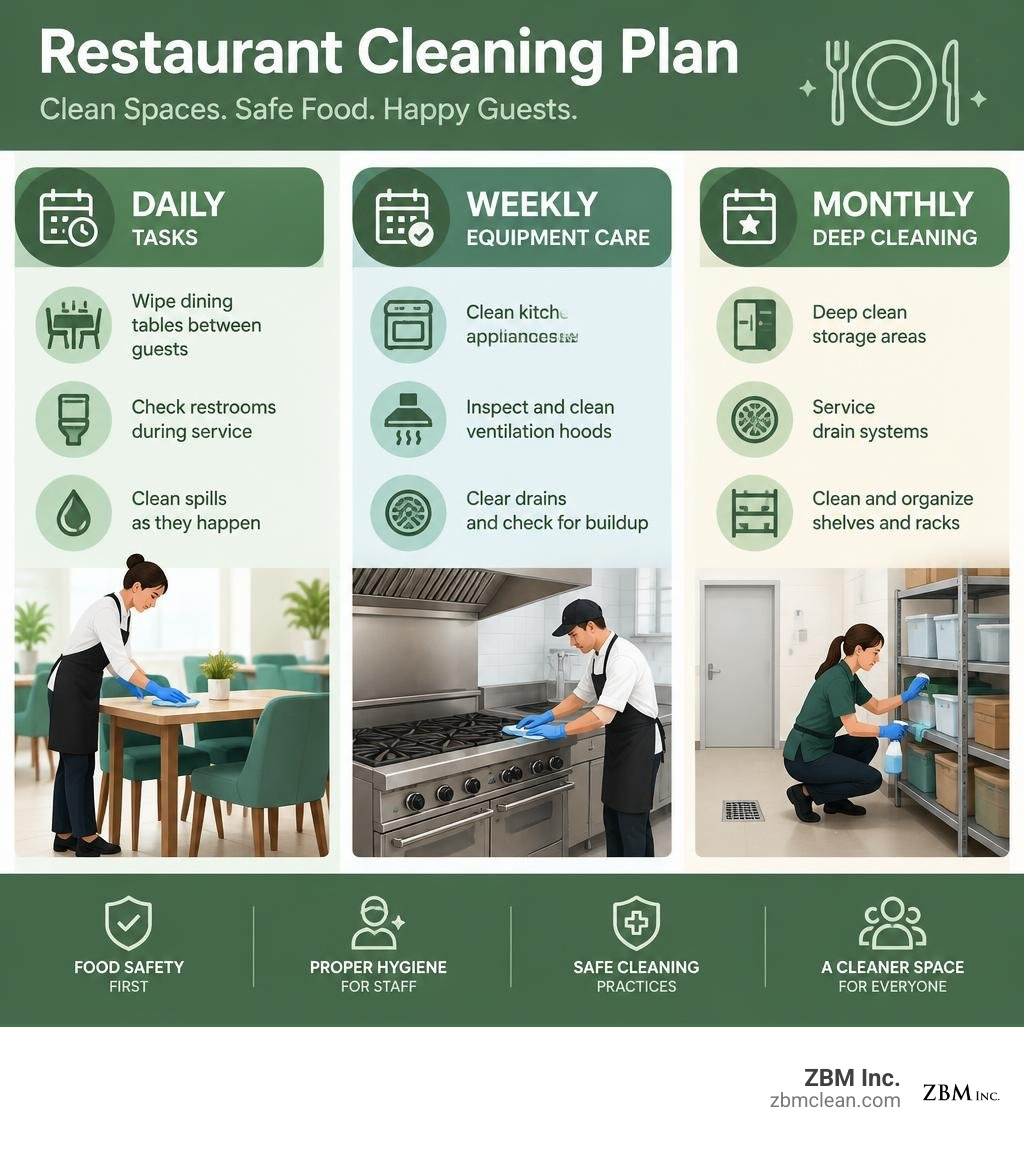 Restaurant cleaning plan for daily tasks, weekly equipment care, and monthly deep cleaning infographic Restaurant cleaning plan for daily tasks, weekly equipment care, and monthly deep cleaning infographic