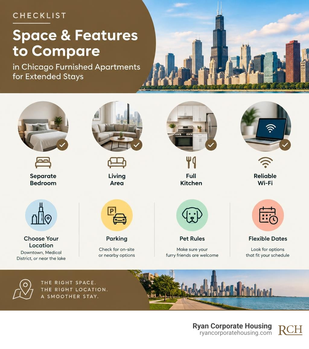 Checklist of space and features to compare in Chicago furnished apartments for extended stays infographic