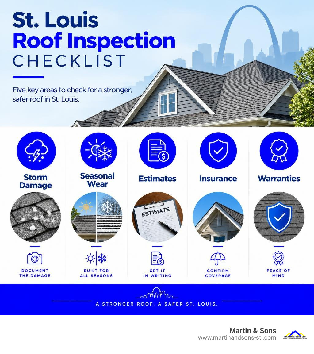St. Louis roof inspection checklist covering storm damage, seasonal wear, estimates, insurance, and warranties infographic St. Louis roof inspection checklist covering storm damage, seasonal wear, estimates, insurance, and warranties infographic