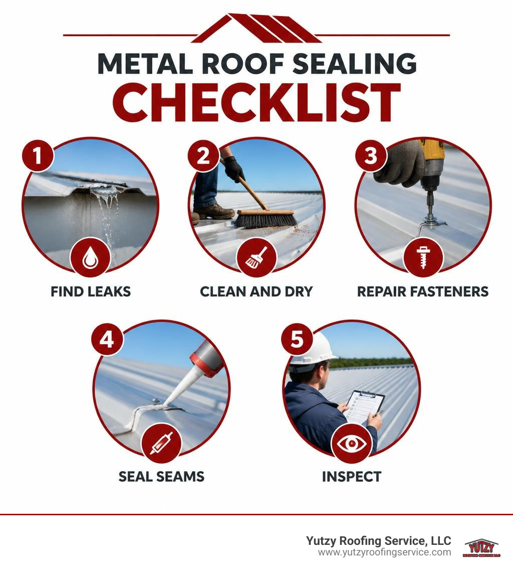 Metal roof sealing checklist: find leaks, clean and dry, repair fasteners, seal seams, inspect infographic Metal roof sealing checklist: find leaks, clean and dry, repair fasteners, seal seams, inspect infographic
