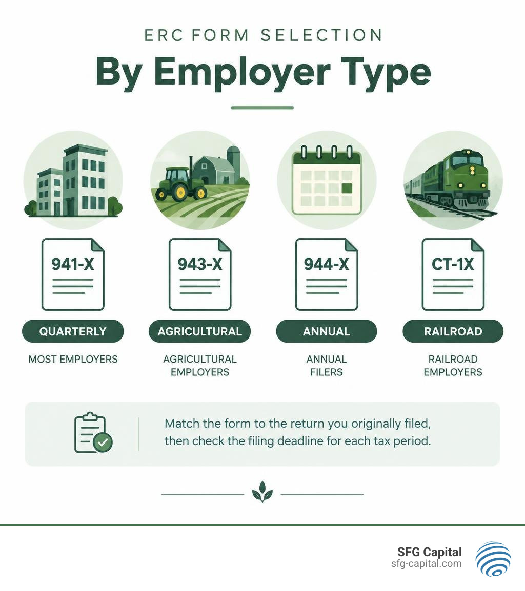 ERC form selection by employer type: 941-X quarterly, 943-X agricultural, 944-X annual, CT-1X railroad infographic