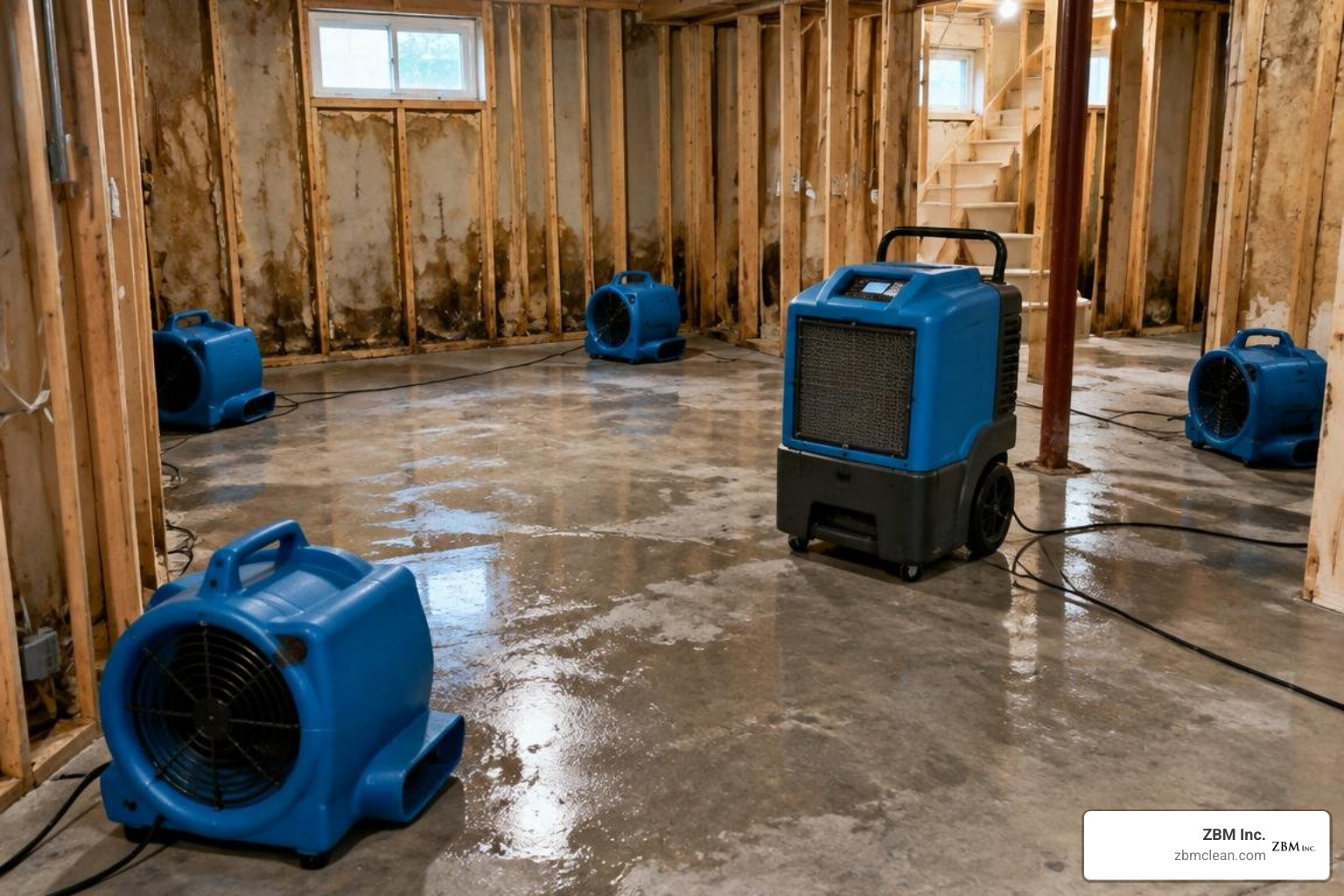 Commercial air movers and dehumidifiers drying basement framing Commercial air movers and dehumidifiers drying basement framing