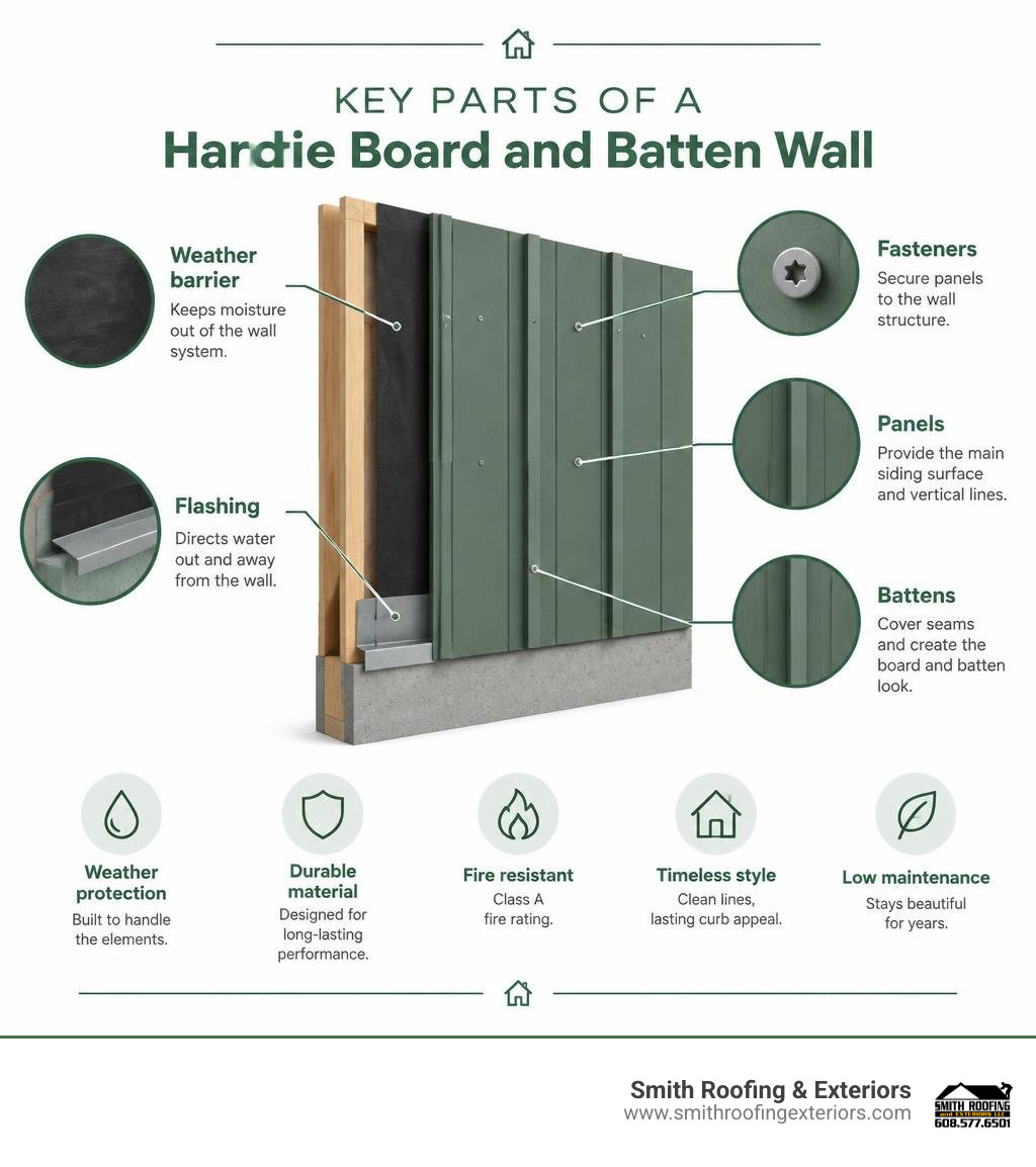 key parts of a Hardie board and batten wall: weather barrier, flashing, panels, fasteners, and battens infographic key parts of a Hardie board and batten wall: weather barrier, flashing, panels, fasteners, and battens infographic