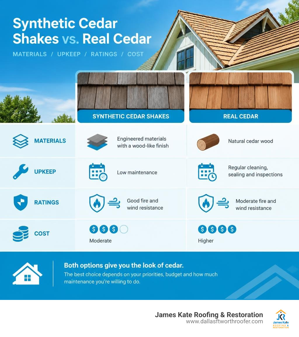 Comparison of synthetic cedar shakes and real cedar: materials, upkeep, ratings, and cost infographic Comparison of synthetic cedar shakes and real cedar: materials, upkeep, ratings, and cost infographic