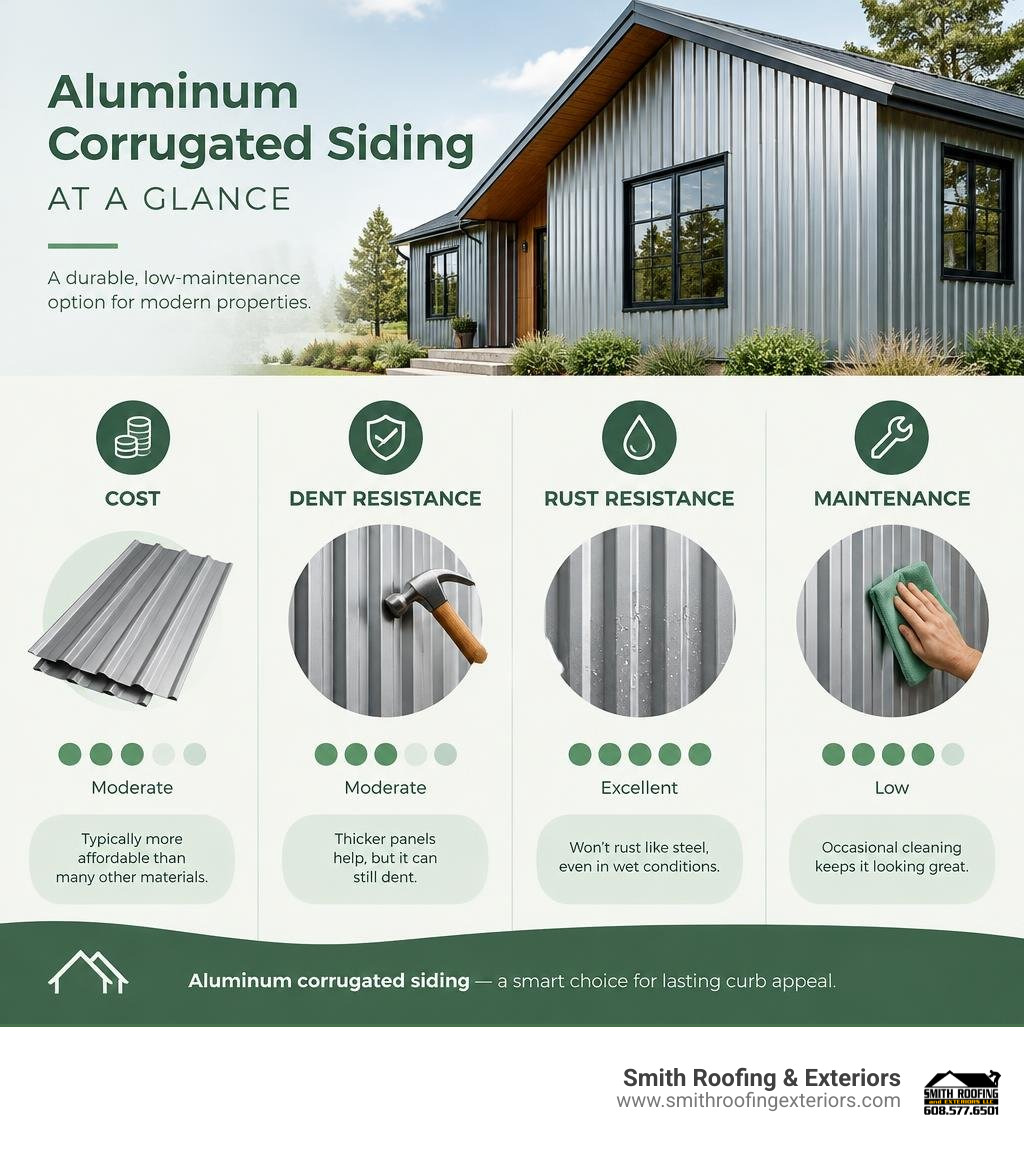Infographic comparing aluminum corrugated siding cost, dent resistance, rust resistance, and maintenance infographic Infographic comparing aluminum corrugated siding cost, dent resistance, rust resistance, and maintenance infographic