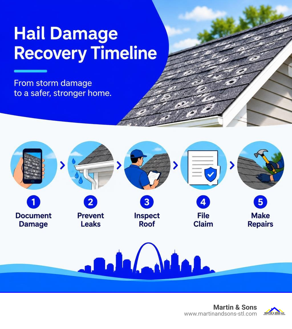 Hail damage recovery timeline: document damage, prevent leaks, inspect roof, file claim, make repairs infographic Hail damage recovery timeline: document damage, prevent leaks, inspect roof, file claim, make repairs infographic