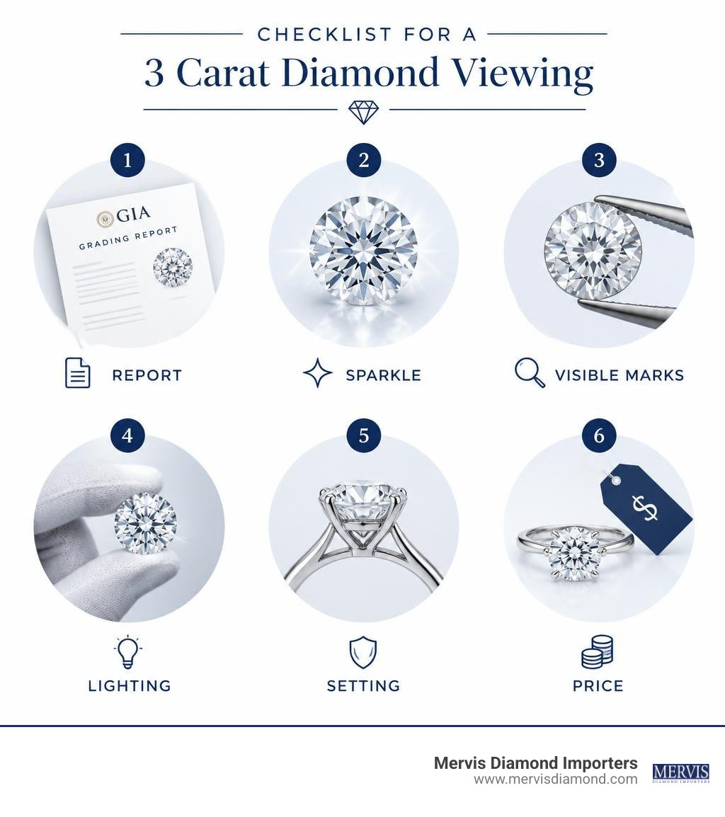 Checklist for a 3 carat diamond viewing: report, sparkle, visible marks, lighting, setting, and price infographic Checklist for a 3 carat diamond viewing: report, sparkle, visible marks, lighting, setting, and price infographic