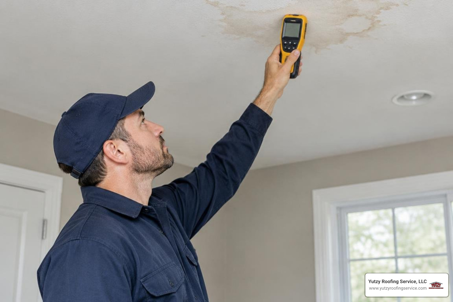 Technician using moisture meter on ceiling drywall Technician using moisture meter on ceiling drywall