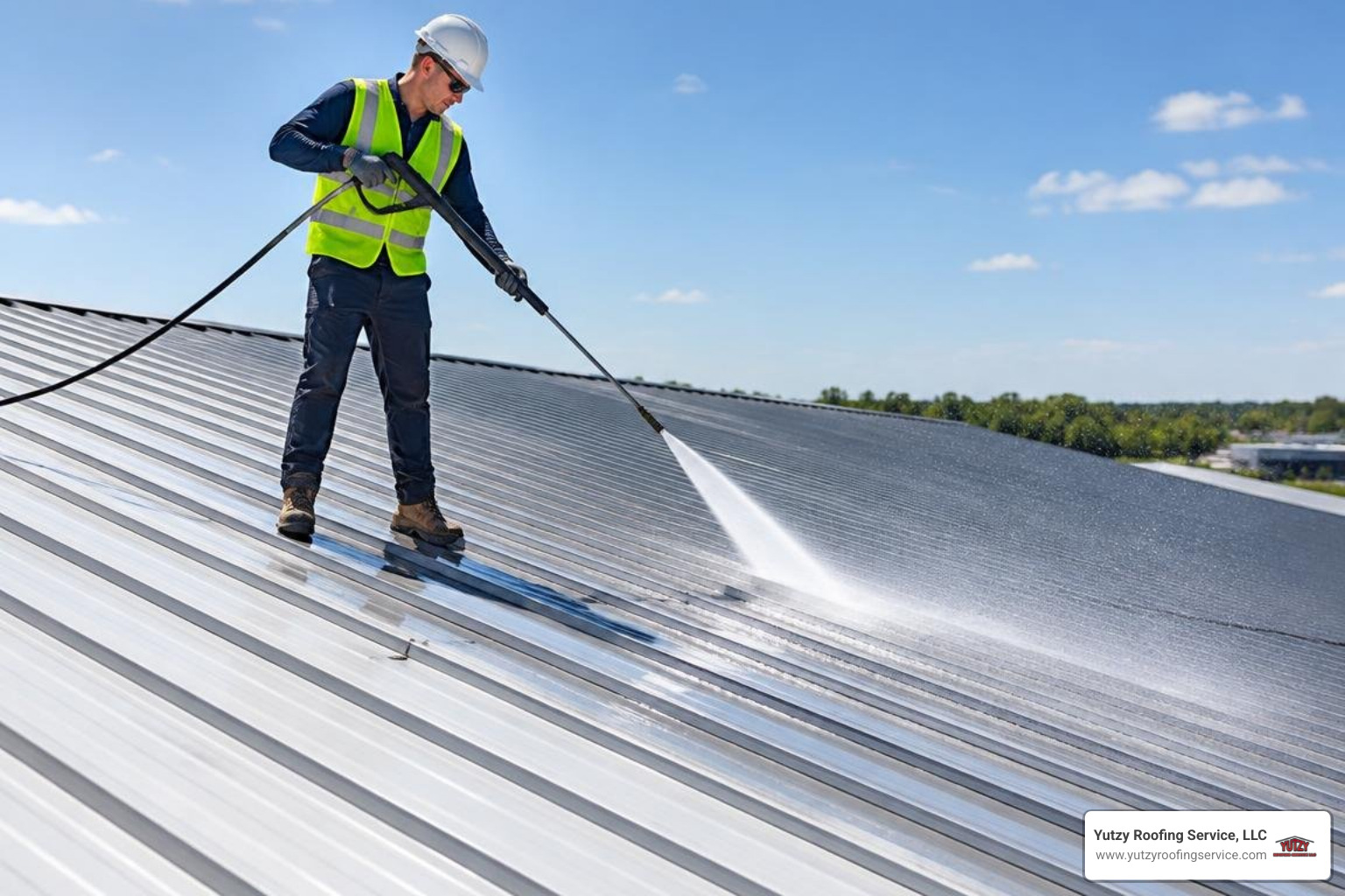 Technician pressure-washing commercial metal roof panels Technician pressure-washing commercial metal roof panels