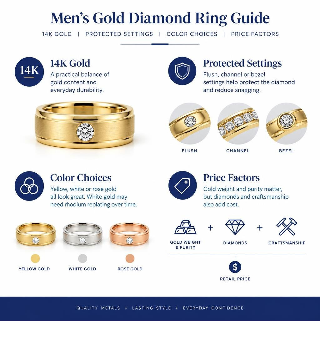 Men's gold diamond ring guide: 14K gold, protected settings, color choices, and price factors infographic Men's gold diamond ring guide: 14K gold, protected settings, color choices, and price factors infographic