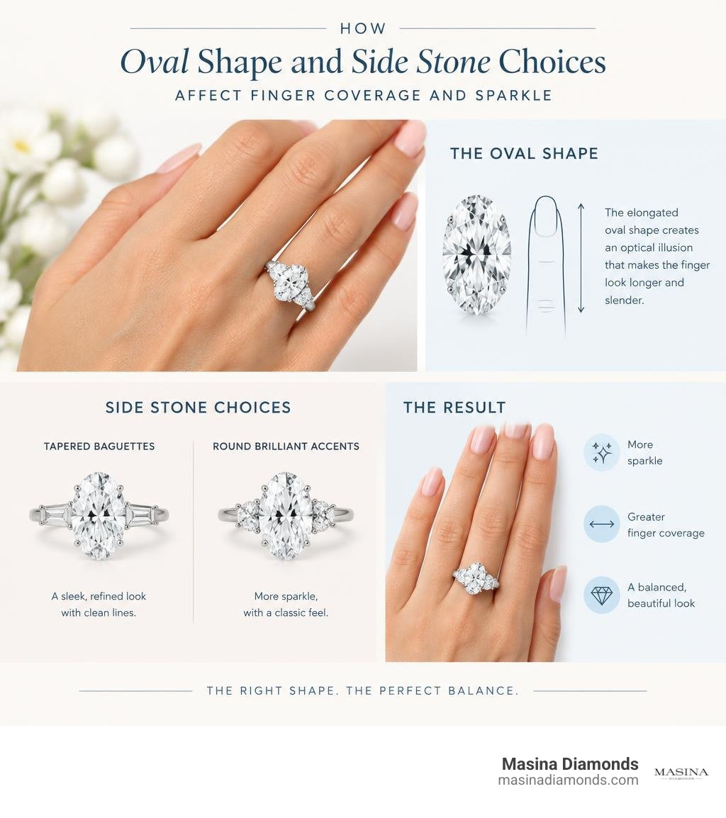 How oval shape and side stone choices affect finger coverage and sparkle infographic