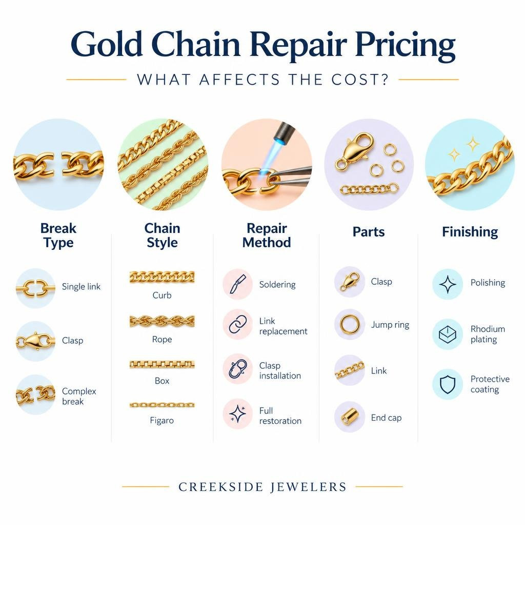 Gold chain repair pricing: break type, chain style, repair method, parts, and finishing infographic