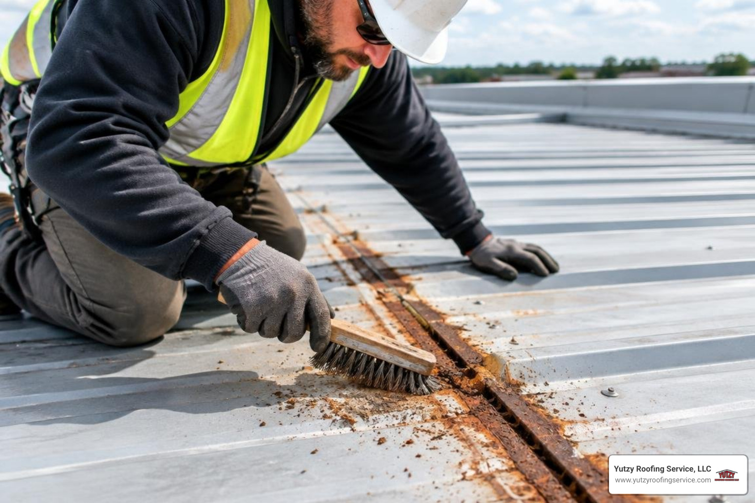 Scrubbing and wire-brushing corroded commercial metal roof seams Scrubbing and wire-brushing corroded commercial metal roof seams
