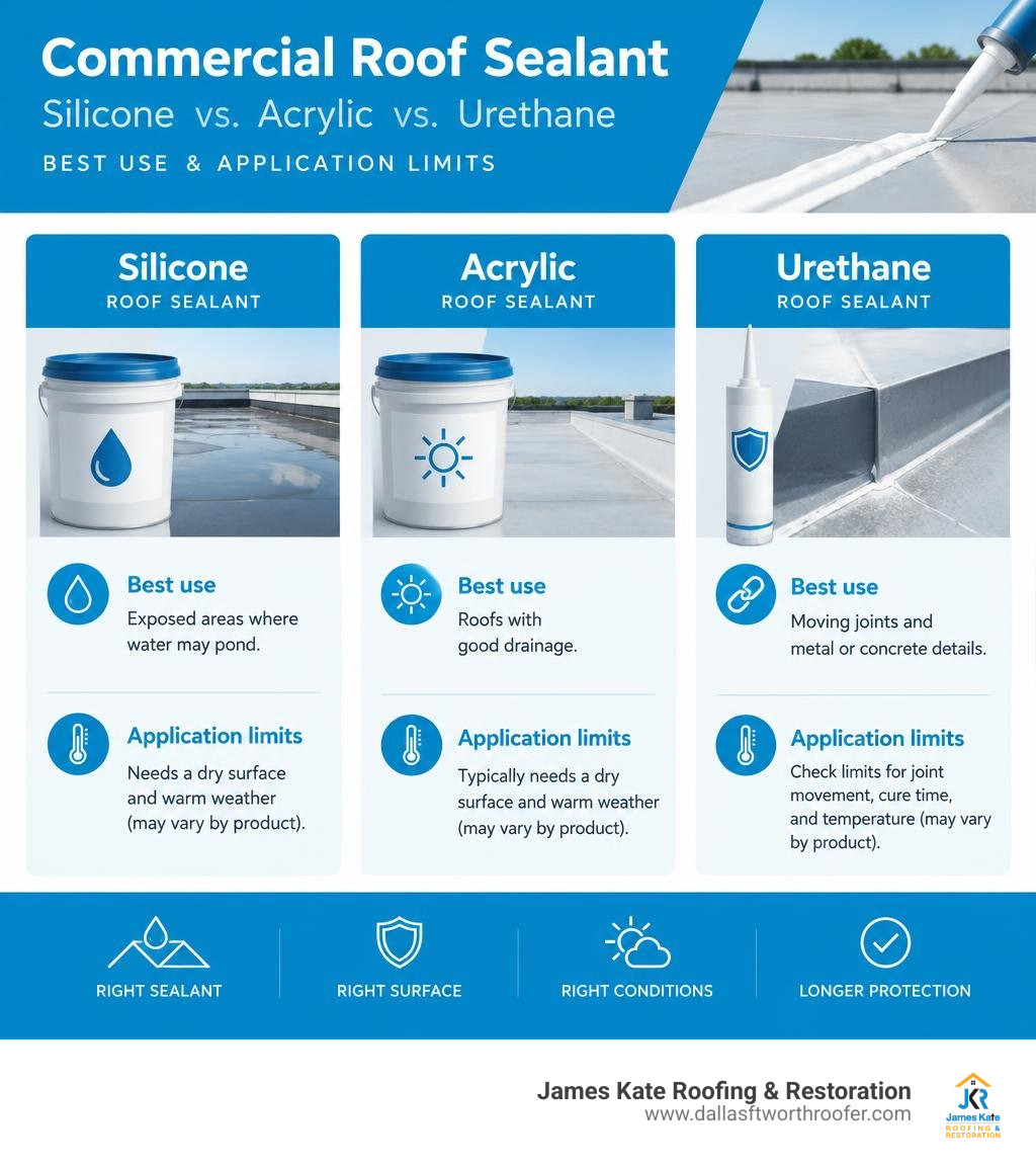 Comparison of silicone, acrylic, and urethane roof sealants by best use and application limits infographic Comparison of silicone, acrylic, and urethane roof sealants by best use and application limits infographic