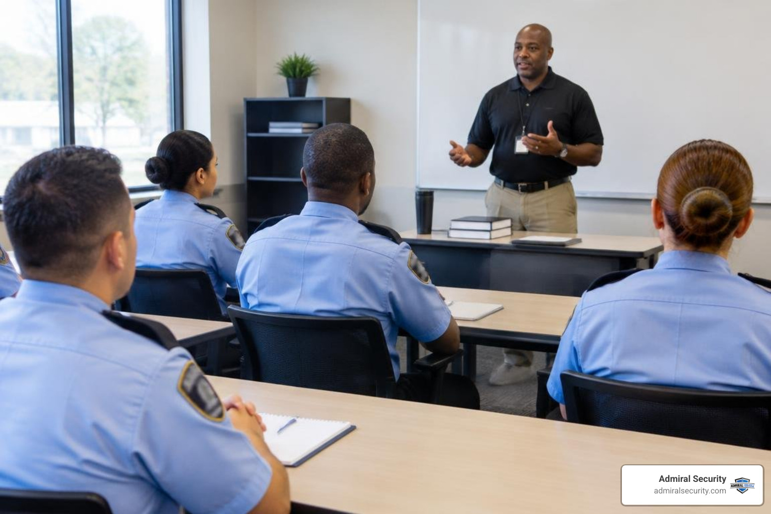 Security guard classroom instruction, badges on uniforms blurred Security guard classroom instruction, badges on uniforms blurred
