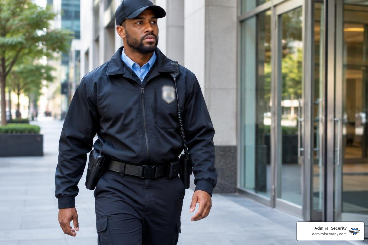 Security guard on patrol in an urban business district, badge blurred Security guard on patrol in an urban business district, badge blurred
