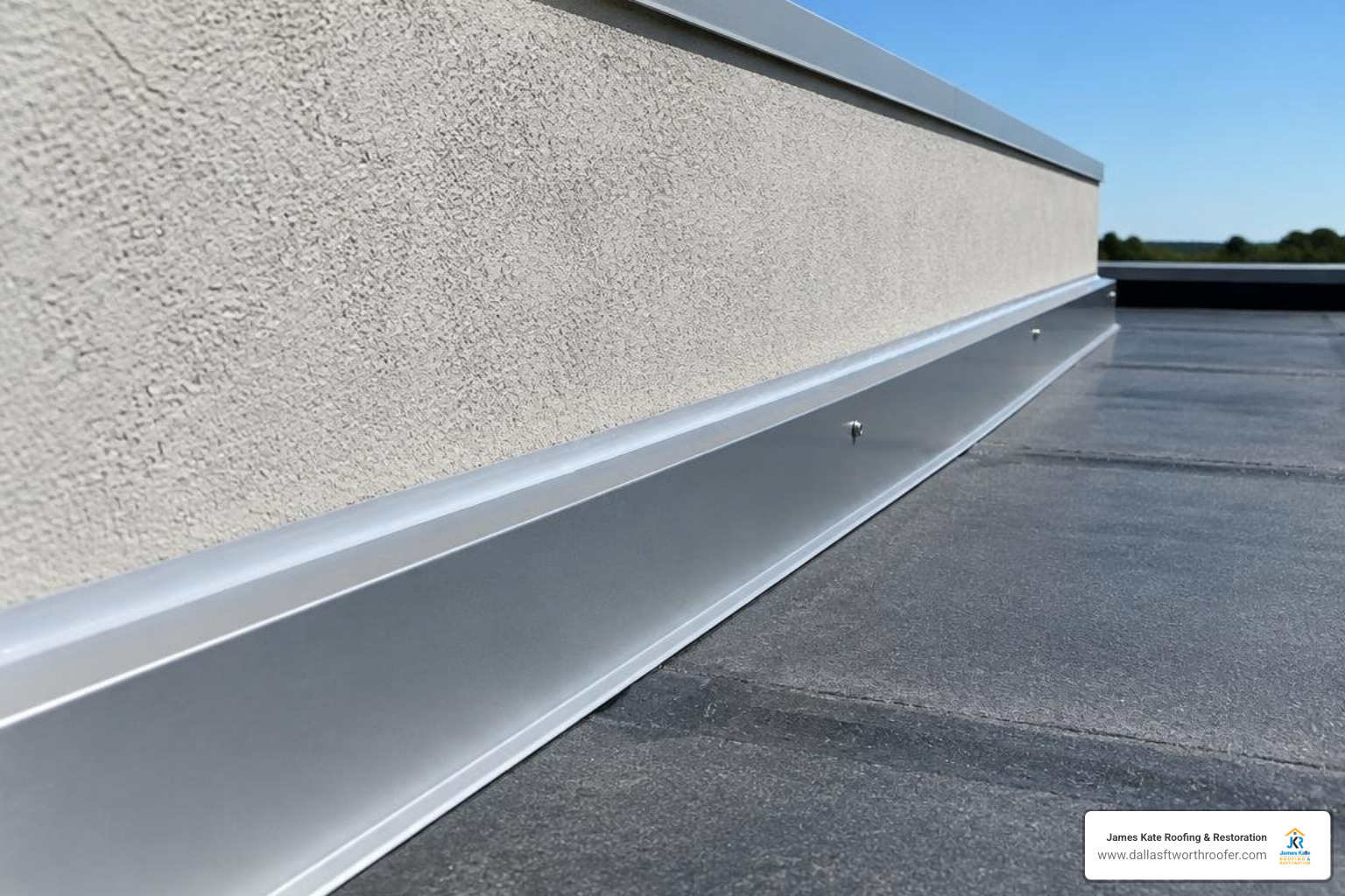 Close-up of clean sealant bead applied along commercial roof parapet wall flashing Close-up of clean sealant bead applied along commercial roof parapet wall flashing