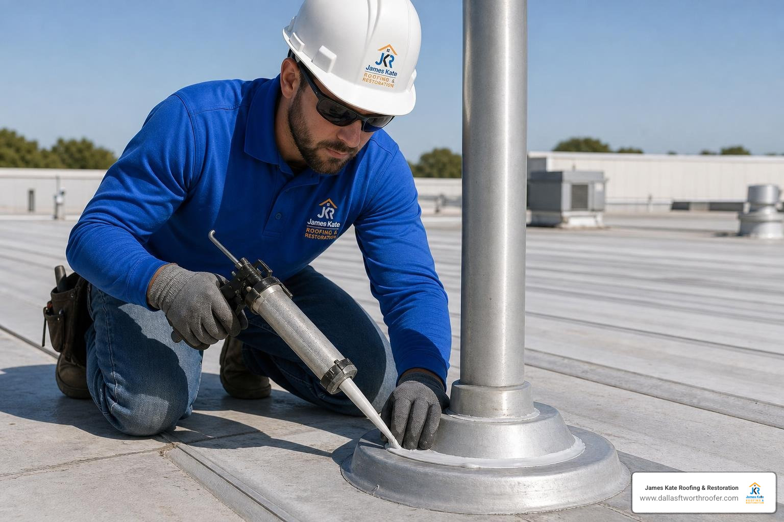 Technician wearing royal blue James Kate shirt and hard hat applying polyurethane sealant to metal roof penetration Technician wearing royal blue James Kate shirt and hard hat applying polyurethane sealant to metal roof penetration