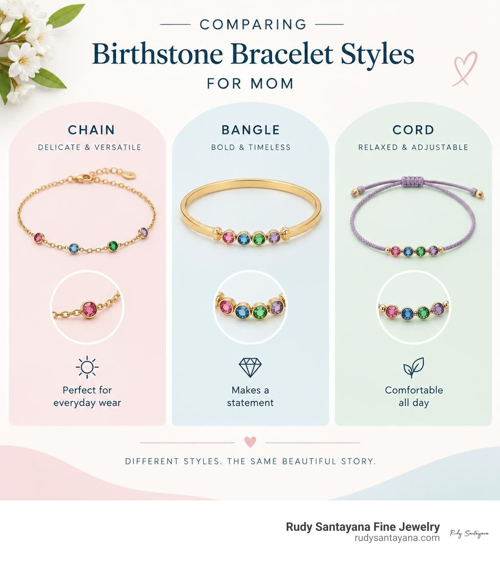 Comparison of chain, bangle, and cord birthstone bracelets for mom infographic