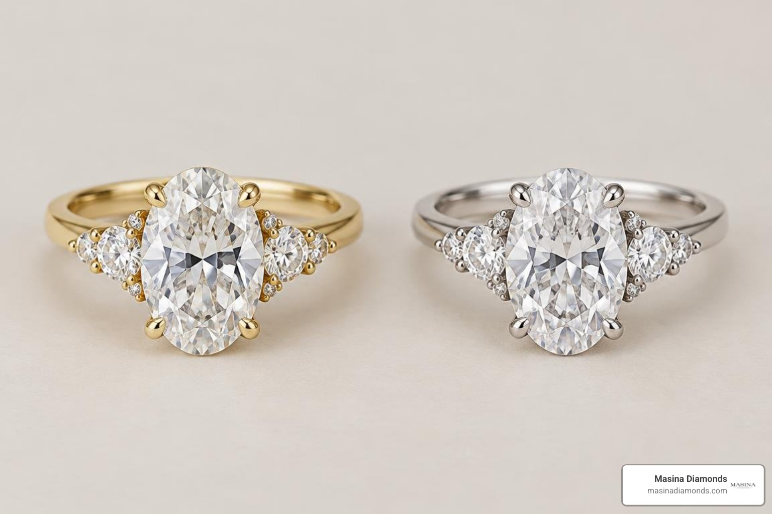 Yellow gold and platinum band pairings with oval side stone settings