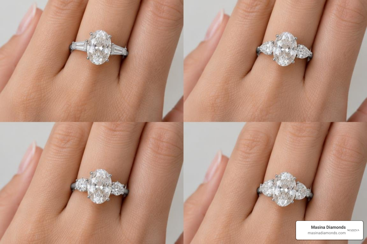 Various side stone pairings complementing a 2 carat oval center diamond