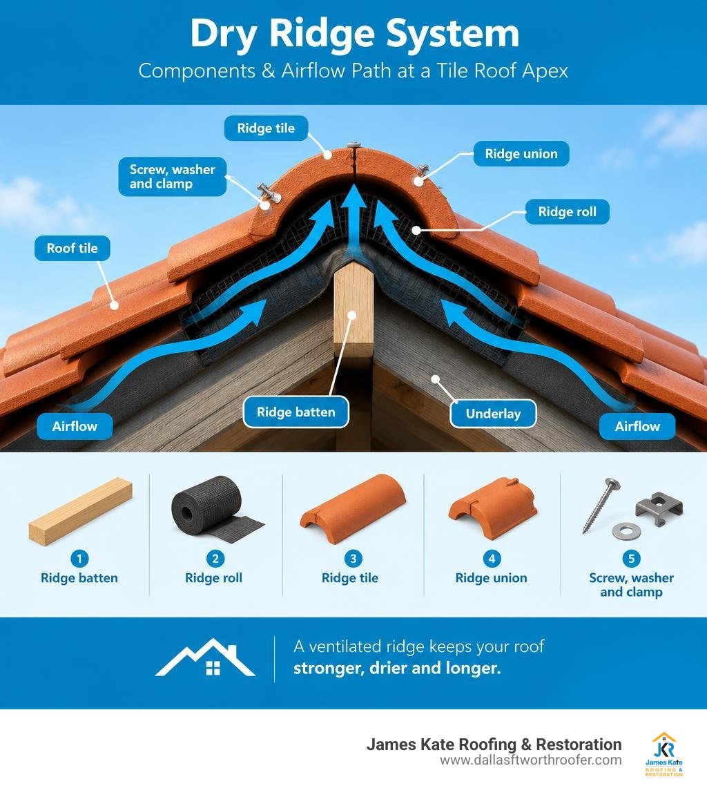 dry ridge system components and airflow path at a tile roof apex infographic