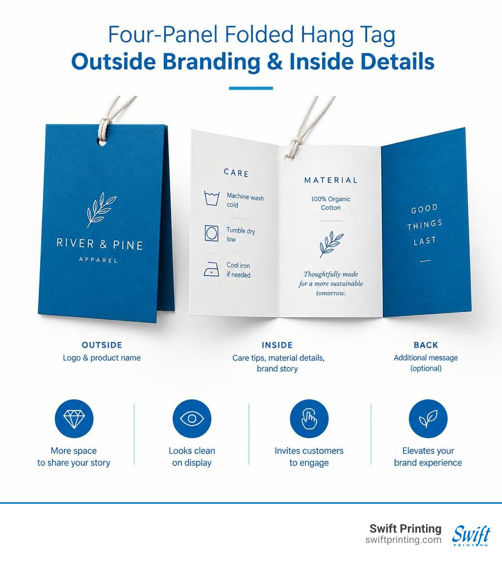 Four-panel folded hang tag showing outside branding and inside product details infographic